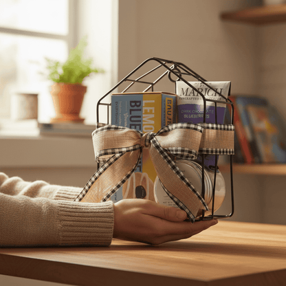 Hand holding a decorative wire basket with books and a bow on a wooden surface.