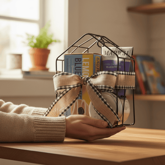 Hand holding a decorative wire basket with books and a bow on a wooden surface.