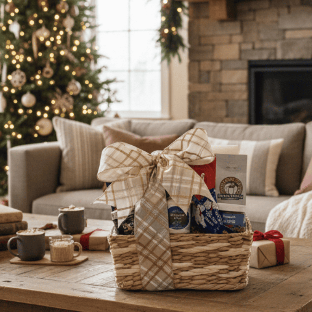 Gift basket with a plaid bow on a coffee table in a cozy living room with a Christmas tree and fireplace. Gift Basket Alaska