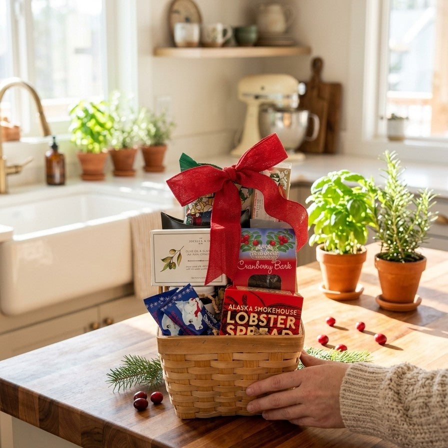 North Pole Alaska Gift Basket featuring smoked salmon, gourmet crackers, lobster spread, caramel popcorn, and Alaskan sweet treats.