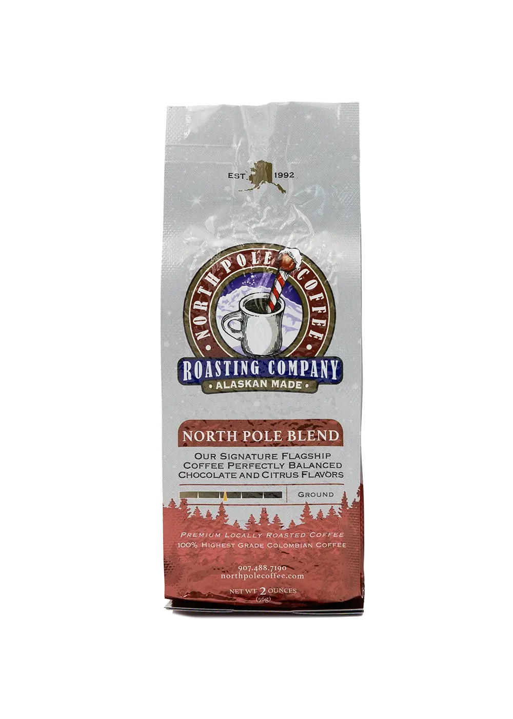A package of North Pole Blend coffee by The Roasting Company with a white and red design, featuring an image of a polar bear and a pine tree.
