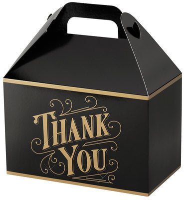 Black box with 'Thank You' in gold on a white background