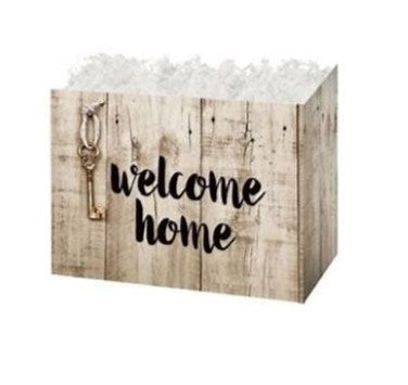 Wooden box with 'welcome home' text and key illustration on a white background